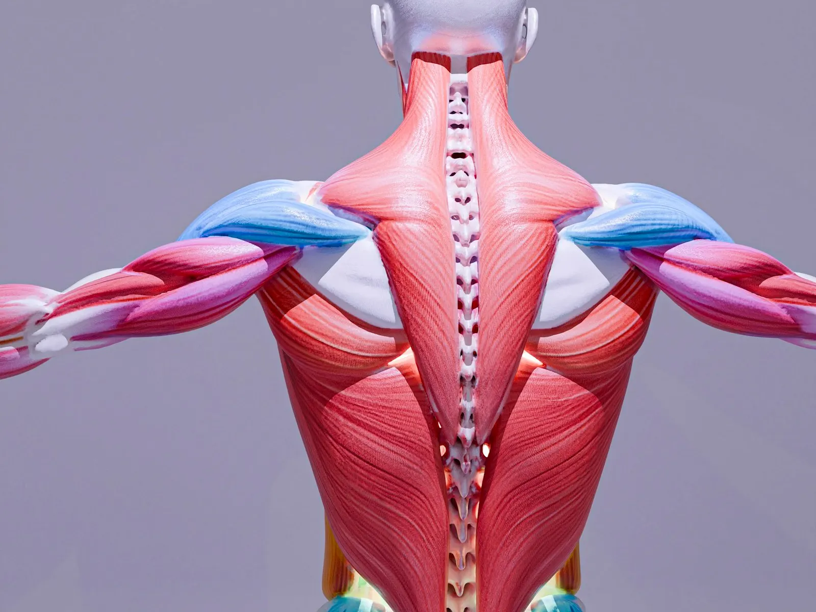 An anatomy model seen from behind, showing the spine running down the middle of the back between the back muscles